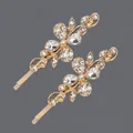 Pair of elegant gold floral hair clips adorned with sparkling clear crystal rhinestones - 2-Piece Butterfly Flower Style (HS-J6597G) / Gold