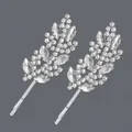 Elegant silver bobby pins featuring leaf-shaped clusters of sparkling clear rhinestones - 2-Piece Feather Leaf Style (HS-J6562S) / Silver