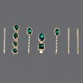 Elegant emerald green rhinestone hair clip set with gold plating for women's daily wear - 7-Piece Green Stone Style (HS-J6777) / Gold