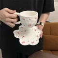 Creamy white ceramic coffee cup and saucer set with red bow and heart patterns - Small Heart-shaped Bow Cloud-shaped Cup (300ml) + Saucer (17cm)