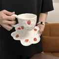 Irregular ceramic coffee cup and saucer set with strawberry pattern and petal edge - Hand-painted Strawberry Cloud Cup 300ml + Saucer 17cm