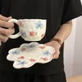 Cream ceramic coffee cup and floral saucer set with hand-painted blue flower patterns - Red Rose Cloud Cup 300ml + Saucer 17cm