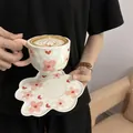 Retro flower ceramic coffee cup and petal-shaped saucer with hand-painted pink blossoms - Pink Flower Cloud Cup 300ml + Saucer 17cm