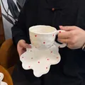 Ceramic coffee cup and saucer set with red hearts and wavy textured cream finish - Small Heart-shaped Cloud Cup (300ml) + Saucer (17cm)
