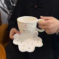 Handmade ceramic coffee cup and saucer set with colorful retro floral pattern - Miniature Tulip Cloud Cup 300ml + Saucer 17cm