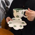 Handcrafted floral ceramic coffee cup and saucer set with green interior and petal design - Green Petal Cloud Cup 300ml + Saucer 17cm