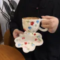 Hand-painted tulip ceramic coffee cup and saucer set with wavy petal edge design - Colorful Flower Cloud Cup 300ml + Saucer 17cm