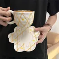 Handmade floral ceramic coffee cup and saucer set with yellow lattice and pink bows - Embossed Yellow Mesh Cloud Cup 300ml + Saucer 17cm