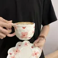 Irregular white ceramic coffee cup and saucer set with hand-painted pink flower patterns - Pink Flower Cloud Single Cup 300ml
