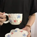 Ceramic floral coffee cup and saucer set with blue flowers and wavy edges - Red Rose Cloud (single Cup 300ml)