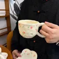 Handcrafted cream ceramic floral coffee cup set with vintage flower patterns and irregular petal saucer - Pink Floral Cloud Design 300ml Single Cup
