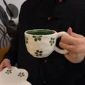 Irregular handmade ceramic coffee cup and petal saucer set with green flowers - Green Petals Cloud-shaped Single Cup 300ml