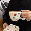 Irregular ceramic coffee cup and saucer set with red blue and pink hand-painted flowers - Colorful Flowers And Clouds 300ml Per Cup