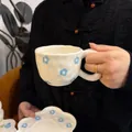 Ceramic coffee cup and saucer set with blue floral pattern and irregular hand-kneaded design - Light Blue Flower Cloud Single Cup 300ml