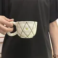 Handmade irregular ceramic coffee mug with green grid and pink bow patterns - Relief Green Grid Single Cup / Cup