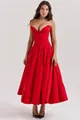 Detailed view of red fishteel corset bodice with heart-shaped neckline on a maxi dress - XS / Dresses / Red