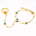 Gold slave bracelet with clover ring featuring turquoise beads and colorful enamel - Lucky Clover