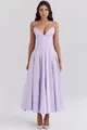 Detailed corset stitching and deep V-neckline of the lavender midi dress - Purple