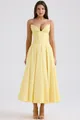 Elegant pale yellow sleeveless corset dress with boning and a voluminous midi skirt - Yellow