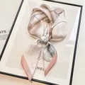 Silk-like satin square scarf featuring grey marble print and pink borders - Sketch Peony - Light Pink