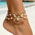 Bohemian gold three-layer anklet featuring pearl beads and elegant shell pendant - Gold Artificial Pearl Scallop Style (32760-ank-G-EP)