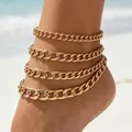 Stylish multi-layered gold curb chain anklet set perfect for beach summer fashion - Gold Cuban Chain Set (32761-ank-G-EP)