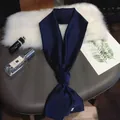 Luxurious extra long 2m dark blue solid color silk scarf with elegant satin finish - 145*14cm / Navy Blue