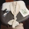 Elegant 2m solid cream silk scarf tied as neckerchief, versatile dress and bag accessory - 145*14cm / Beige