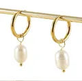 18k gold-plated stainless steel hoop earrings featuring elegant white pearl pendants - Hoop Pearl Style / Gold