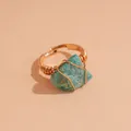 Elegant handmade wire wrapped gold ring featuring a natural turquoise raw crystal stone - Green Raw Stone / Gold