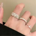 Chic silver-colored ring set featuring woven textures and rectangular zircon embellishments - Braided Twist Zirconia Ring Set (6750) / Three-Piece Set / Silver