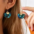 Elegant minimalist French style semicircular earrings featuring green marbled resin shell. - Gold (WG-0087)