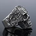 Gothic style stainless steel ring with intricate floral engraved skull design in silver - US Size 8 / Steel Color (06403)