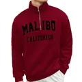 Close-up view of the half-zip collar and chest graphic on a burgundy men's sweatshirt - Burgundy