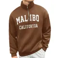 Detail of a brown men's vintage half-zip sweatshirt with white Malibu letter print. - Coffee