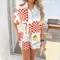 Bohemian vacation two-piece set with orange citrus and checkerboard print - White Background Fruit Pattern