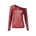 Transparante rode one-shoulder top met lange mouwen en sprankelende mesh-structuur voor dames - S / Bordeauxrood