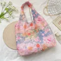 Detailed view of ethereal pink floral lace tote bag with unique textured fuzzy finish - Colorful Oil Painting / Vest Style