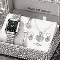 Detailed view of silver jewelry set with heart pendant and matching watch - Rectangular Watch Heart Jewelry Set / Silver Black Dial