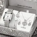 Luxury women's silver quartz watch set featuring heart-shaped rhinestone jewelry - Rectangular Watch Heart Jewelry Set / Silver