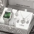 Elegant women's square quartz watch and sparkling heart jewelry set in silver. - Rectangular Watch Heart Jewelry Set / Silver Green Dial