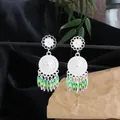 Orecchini etnici stile argento Miao con lunghe nappe e ciondoli a foglia verde - Nappa Smaltata Multicolore (E8509) / Verde