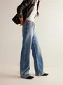 Lichtblauwe high-waist jeans met wijde pijpen voor dames met fonkelende strassteentjes - S / Teal