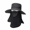 Outdoor men's wide brim sun hat with detachable face mask and neck flap for UV protection - Black