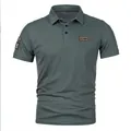 Military style grey-green men's short sleeve polo shirt with US Army patch details - M / Dark Gray