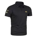 Classic black men's short sleeve polo shirt featuring tactical military patches and lapel - M / Black