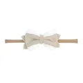 Soft and elastic nylon baby headband featuring a beige fabric bow with white crochet trim. - 米色钩针花边双层蝴蝶结款(51)