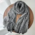 Textured grey and black pleated cotton linen scarf with artistic frayed edges style - Export Black Grey