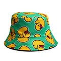 Detailed view of a green bucket hat featuring a vibrant yellow duck cartoon pattern - M (55-58cm) / 11# Lake Blue Panda