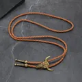 Vintage Western bull skull Bolo tie with brown braided leather cord and metal tips - Brown
